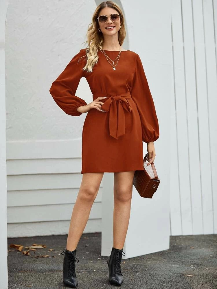 Solid Ladrillo Sleeve Belted Dress